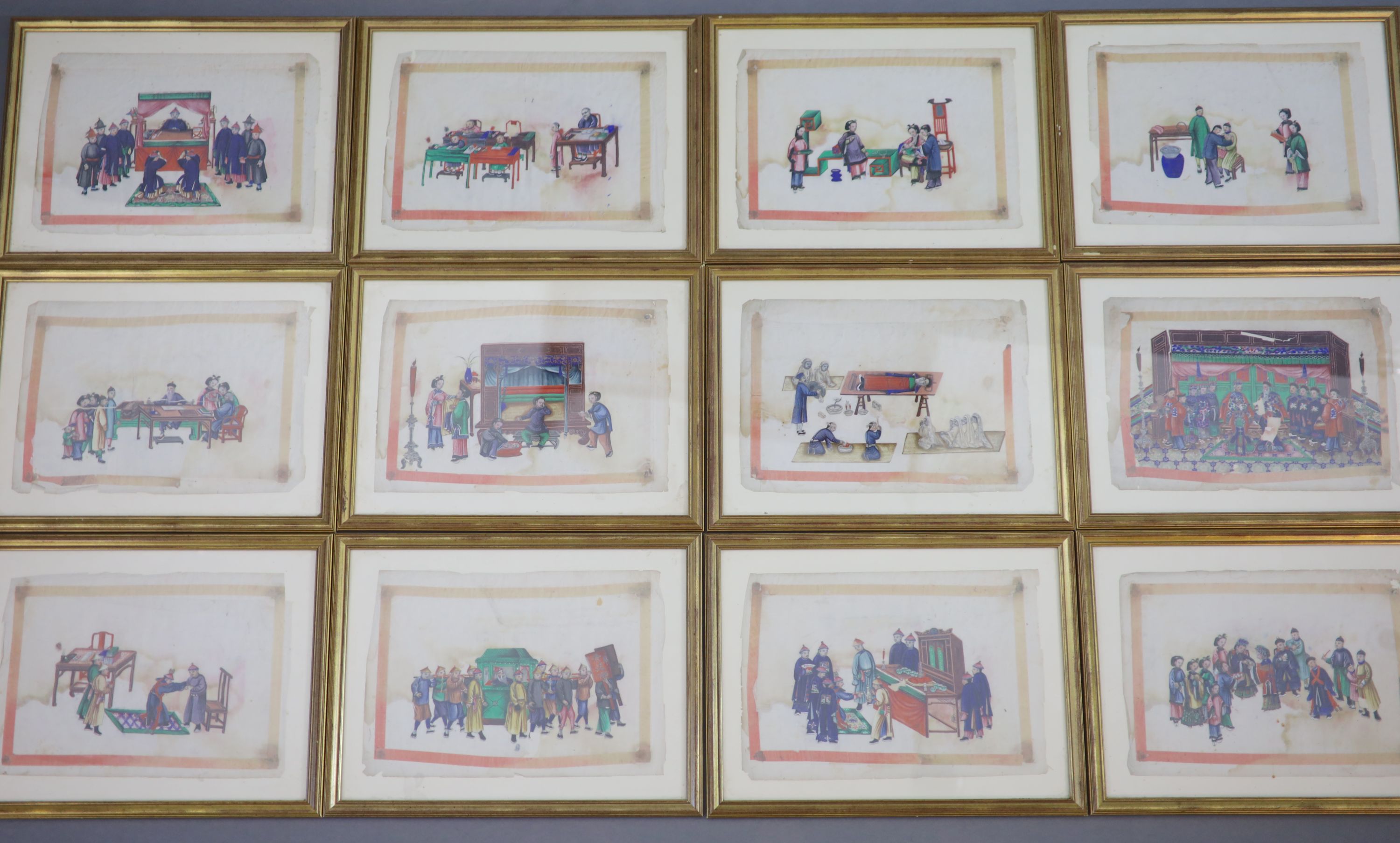 A set of twelve Chinese paintings on pith paper, 19th century, approx. 25.5 x 37cm